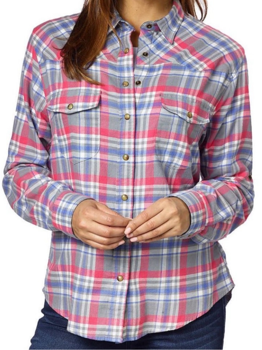 NWT JACHS Girlfriend Pink & Gray Plaid Flannel Shirt